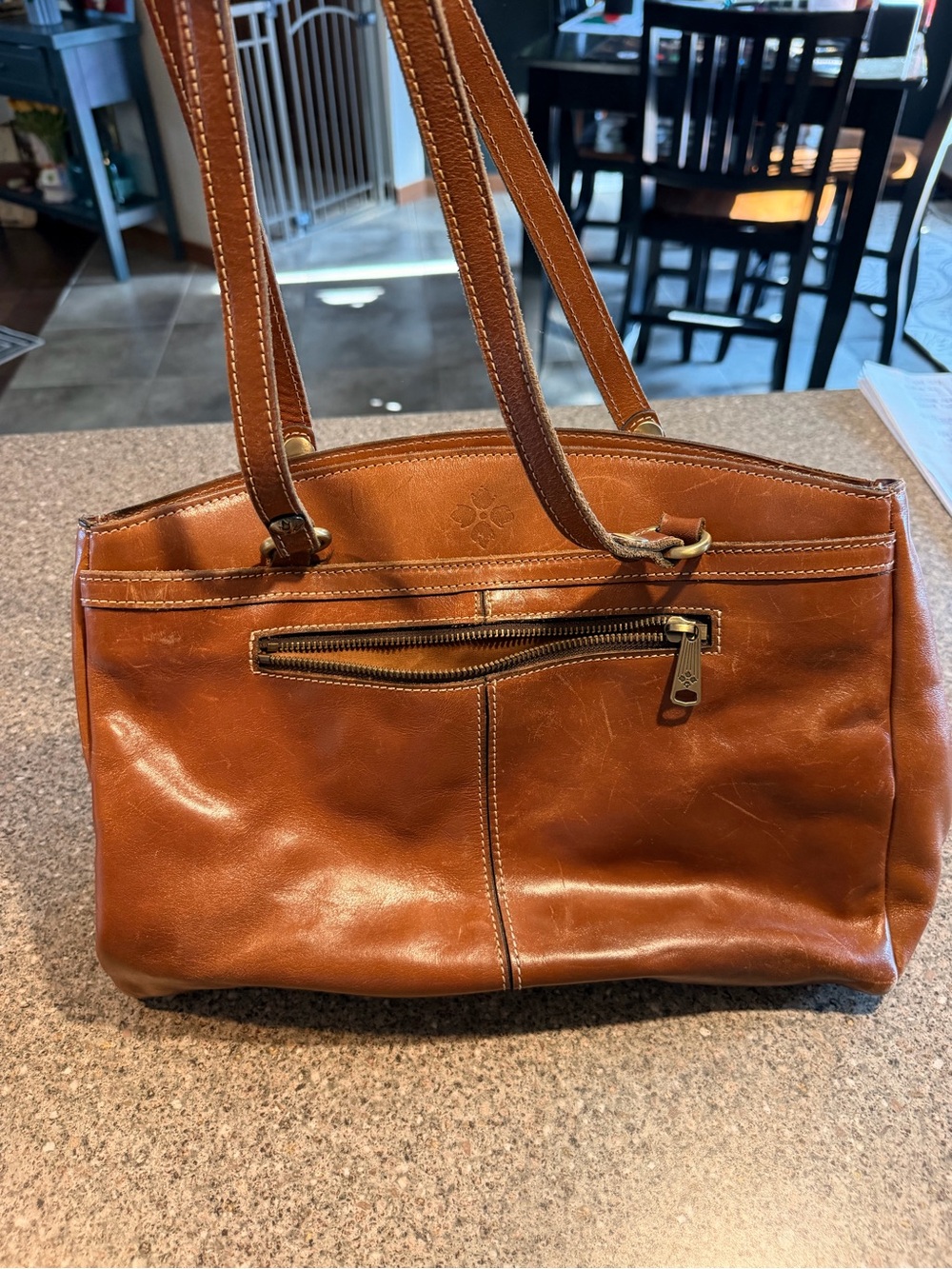 Patricia Nash Cognac Leather Shoulder Bag with Front Zip